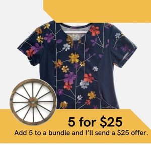 Health Pro navy floral scrub top with stretch side panels.